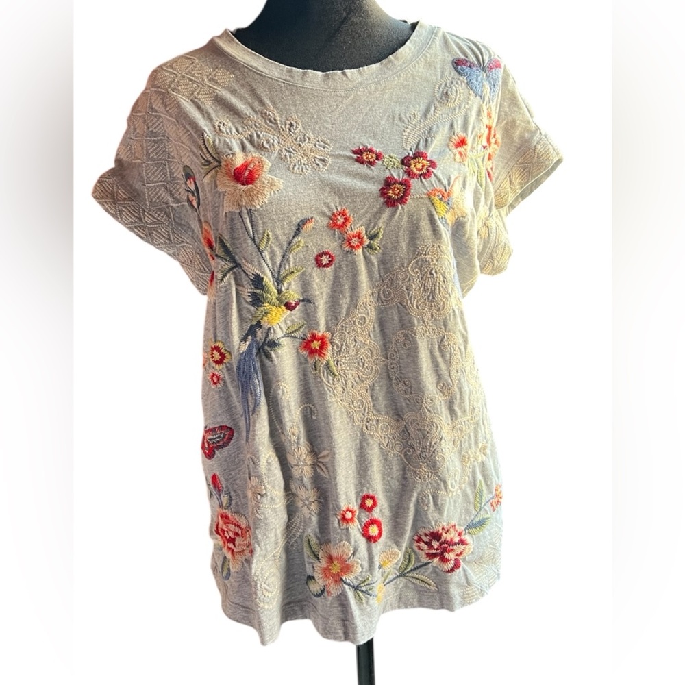 Johnny Was Embroidered Floral Short Sleeve Tee